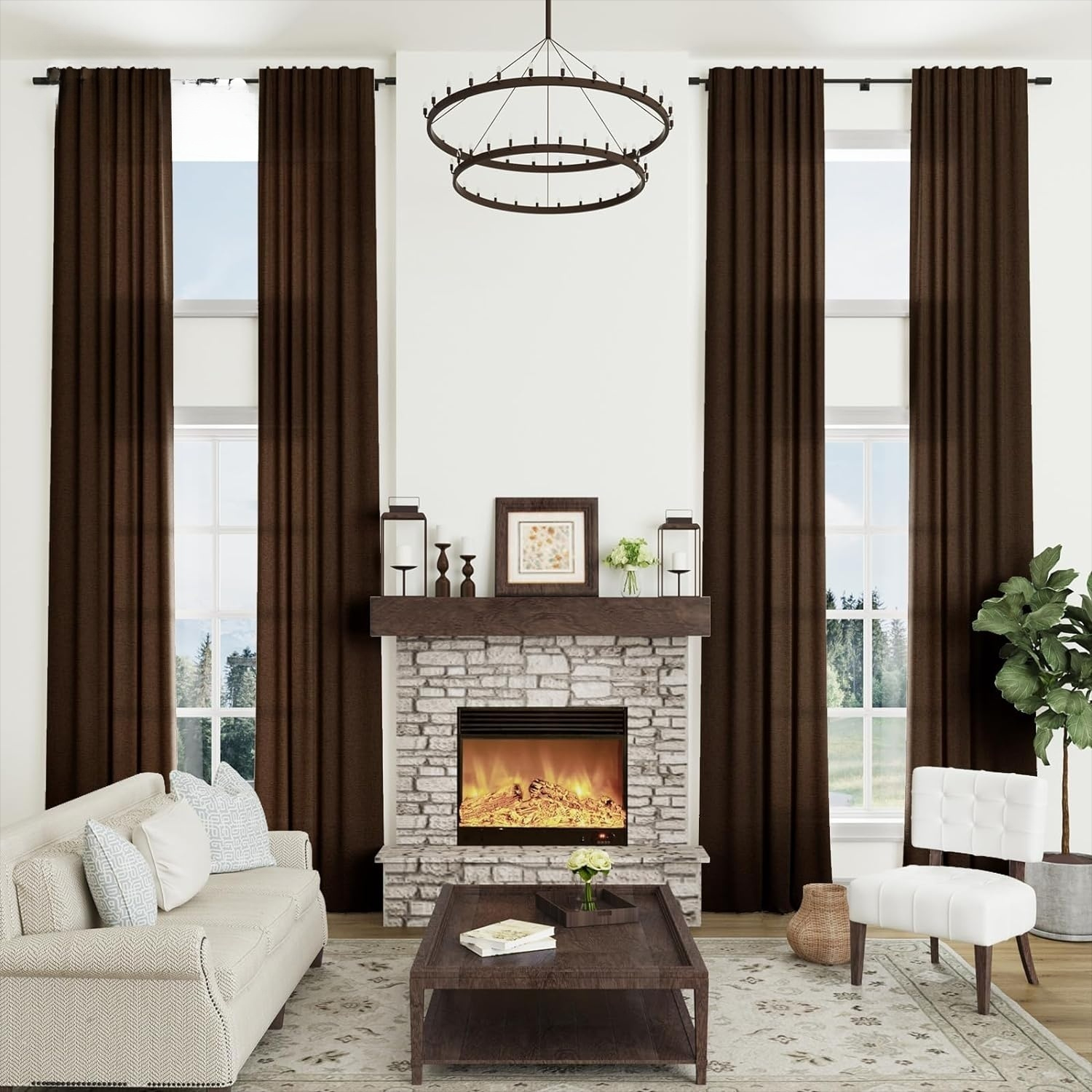 Extra Long Brown Linen Curtains for Living Room