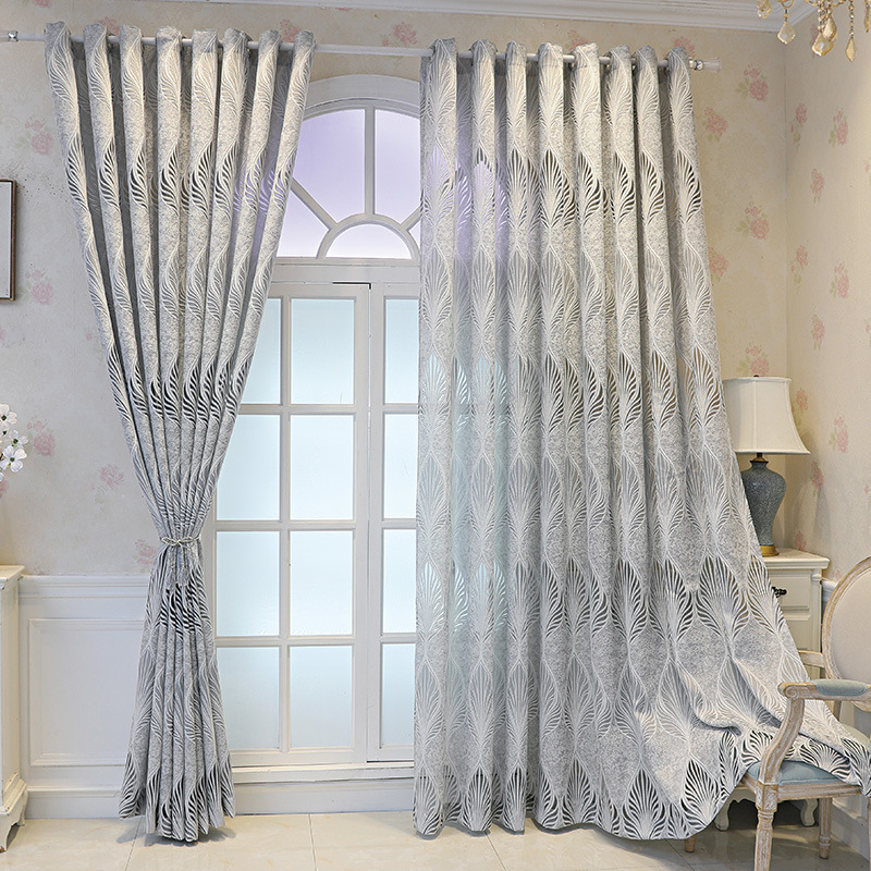 Light Transmission Nontransparent Curtain Gray Simple Modern Leaves Mesh Curtains Living Room Bedroom Half Shade Yarn