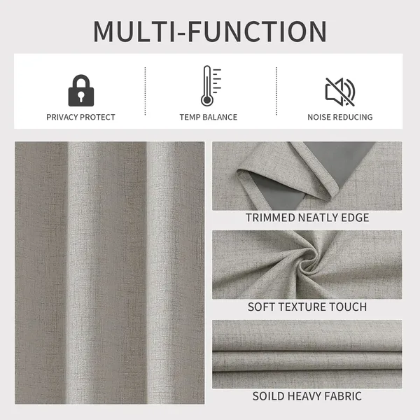 Linen Textured Blackout Curtains 2 Panels Set - Thermal Insulated