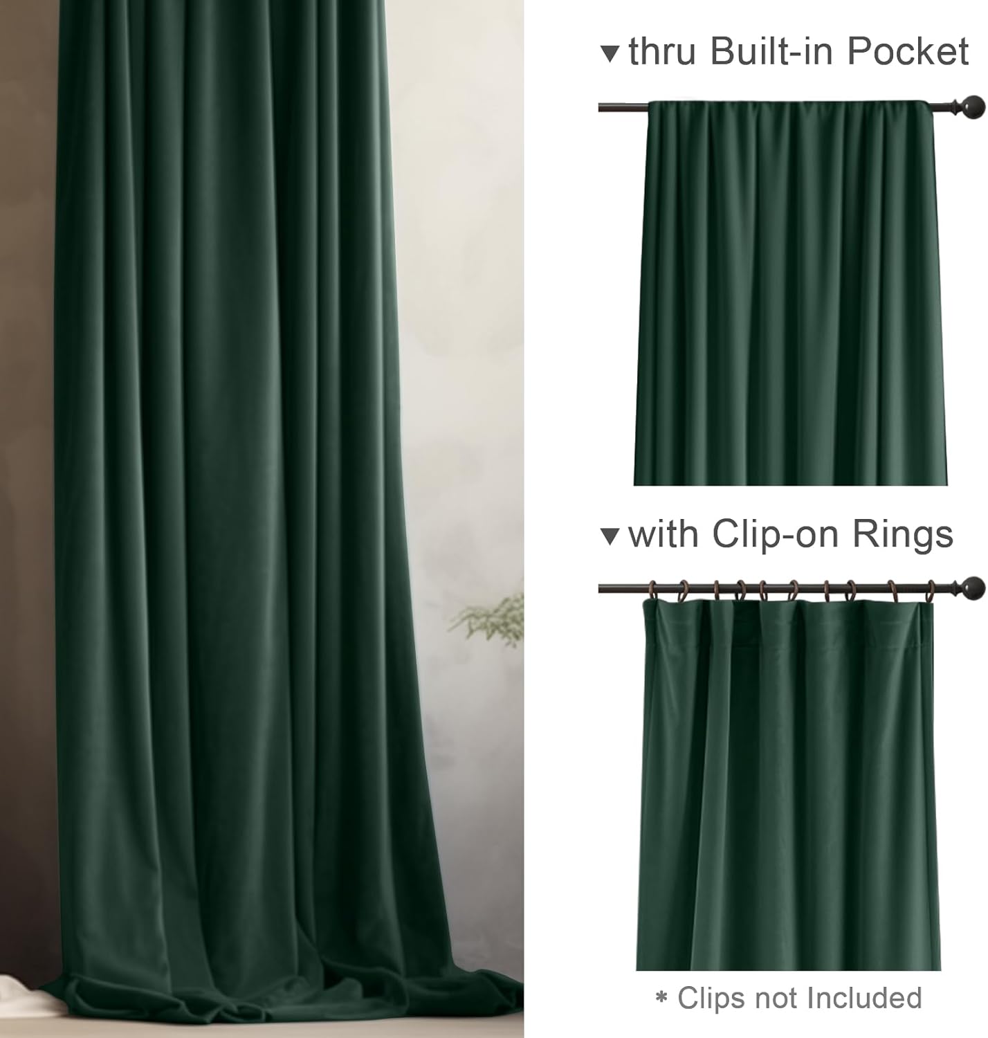 Luxury Emerald Green Velvet Blackout Curtains - Thermal Insulated Drapes