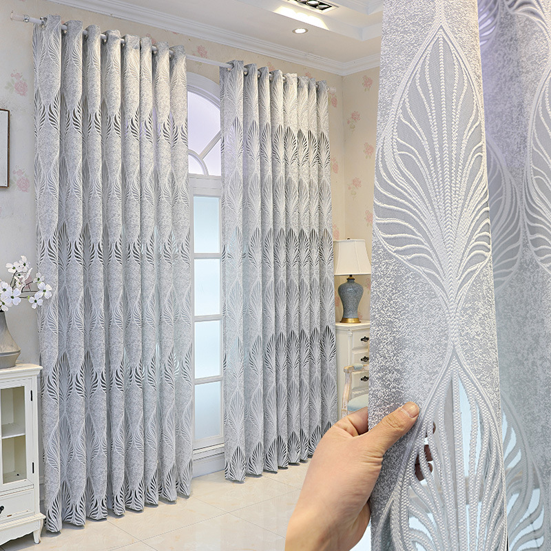 Light Transmission Nontransparent Curtain Gray Simple Modern Leaves Mesh Curtains Living Room Bedroom Half Shade Yarn