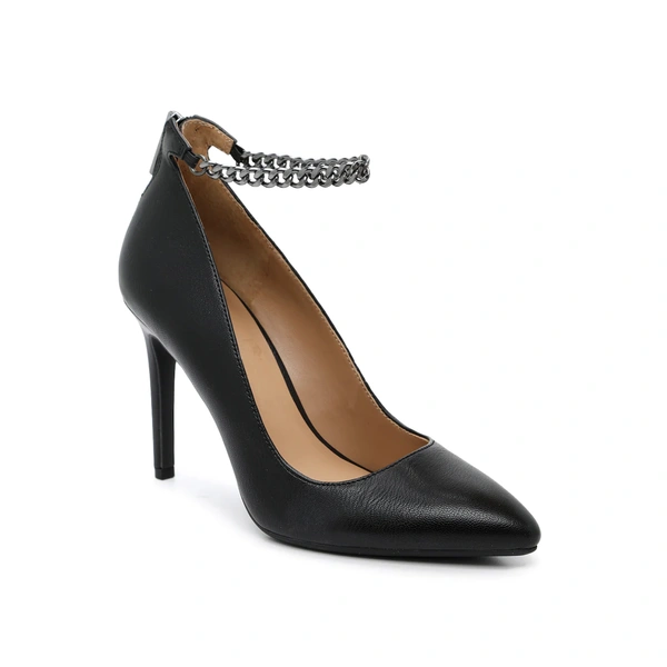 Women's black fashion high slim heel leather shoes with metal loop