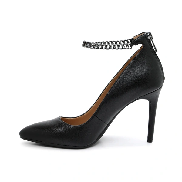 Women's black fashion high slim heel leather shoes with metal loop