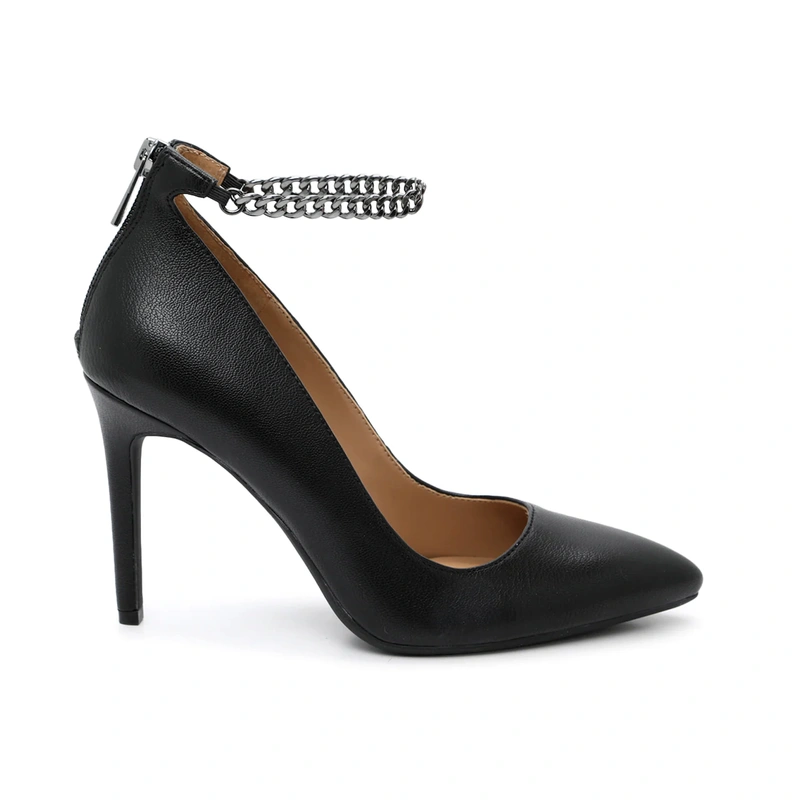 Women's black fashion high slim heel leather shoes with metal loop