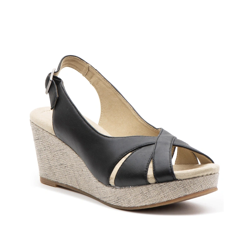 Fabric wrapped high wedge PU leather vamp black sandals