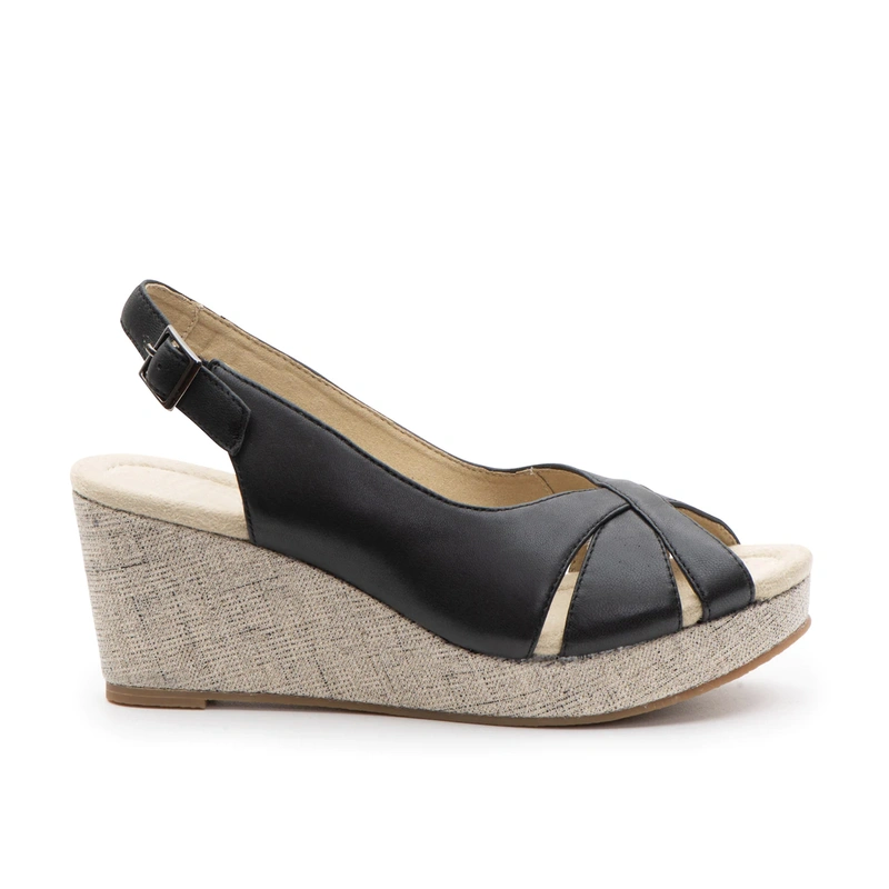 Fabric wrapped high wedge PU leather vamp black sandals