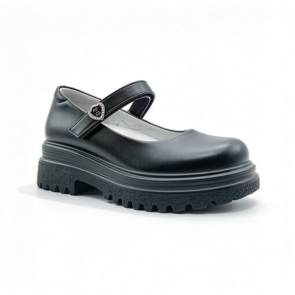 Black Platform Student Mary Jane Shoes, Heart Rhinestone Strap Girls School Shoes