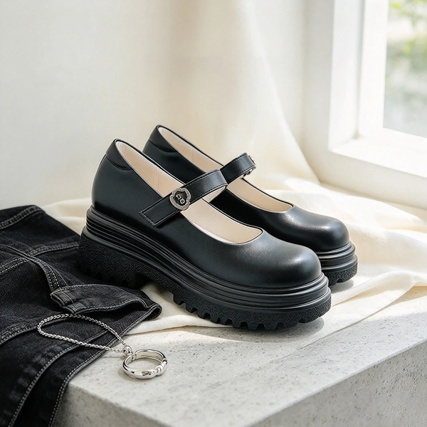 Black Girls Platform School Shoes | Rhinestone Strap Mary Jane Student Footwear Wholesale