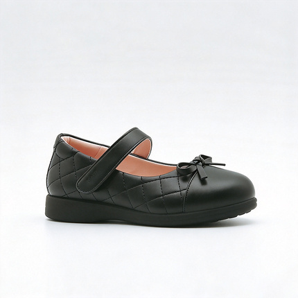 Black Quilted Mary Jane Girls School Shoes with Bow, Kids Uniform Dress Shoes