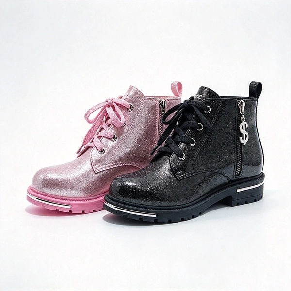 Glitter Lace-Up Girls Combat Ankle Boots | EU REACH Compliant Wholesale Kids Boots