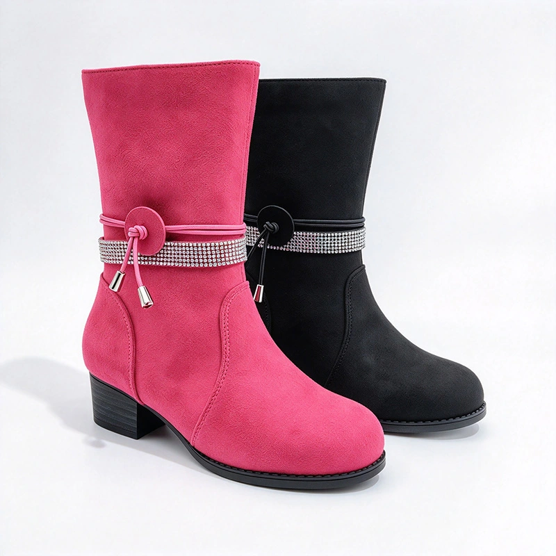 Rhinestone Strap Decor Block Heel Girls Mid Calf Boots | EU REACH Wholesale Kids Boots
