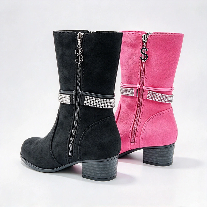 Rhinestone Strap Decor Block Heel Girls Mid Calf Boots | EU REACH Wholesale Kids Boots