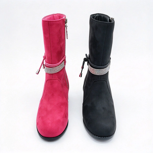 Rhinestone Strap Decor Block Heel Girls Mid Calf Boots | EU REACH Wholesale Kids Boots