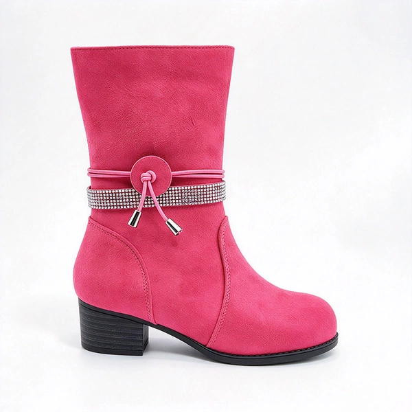 Rhinestone Strap Decor Block Heel Girls Mid Calf Boots | EU REACH Wholesale Kids Boots