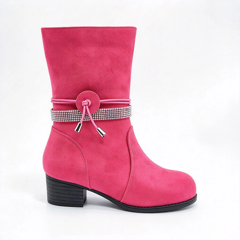 Rhinestone Strap Decor Block Heel Girls Mid Calf Boots | EU REACH Wholesale Kids Boots