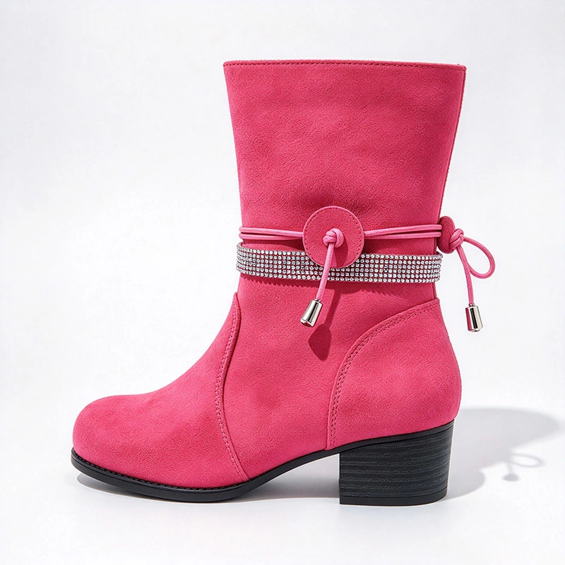 Rhinestone Strap Decor Block Heel Girls Mid Calf Boots | EU REACH Wholesale Kids Boots