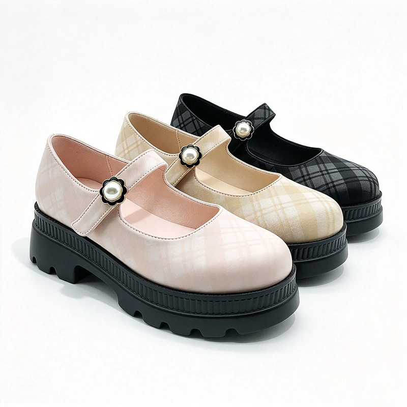 Plaid Pearl Platform Mary Jane Shoes for Girls, Comfort Chunky Sole Kids Casual Footwear