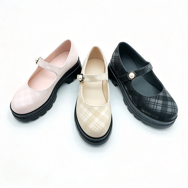 Plaid Pearl Platform Mary Jane Shoes for Girls, Comfort Chunky Sole Kids Casual Footwear