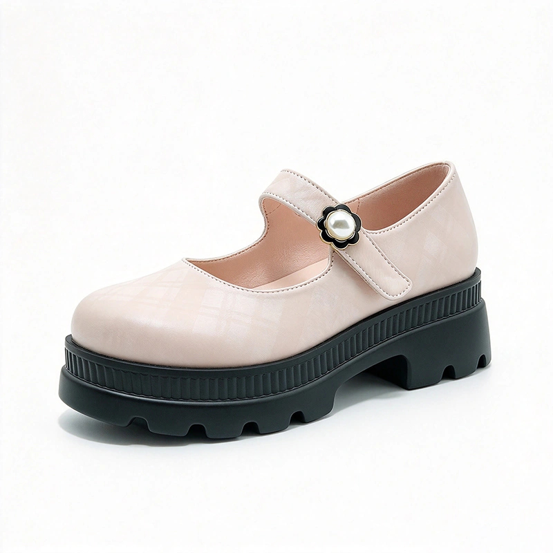 Plaid Pearl Platform Mary Jane Shoes for Girls, Comfort Chunky Sole Kids Casual Footwear