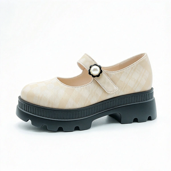Plaid Pearl Platform Mary Jane Shoes for Girls, Comfort Chunky Sole Kids Casual Footwear