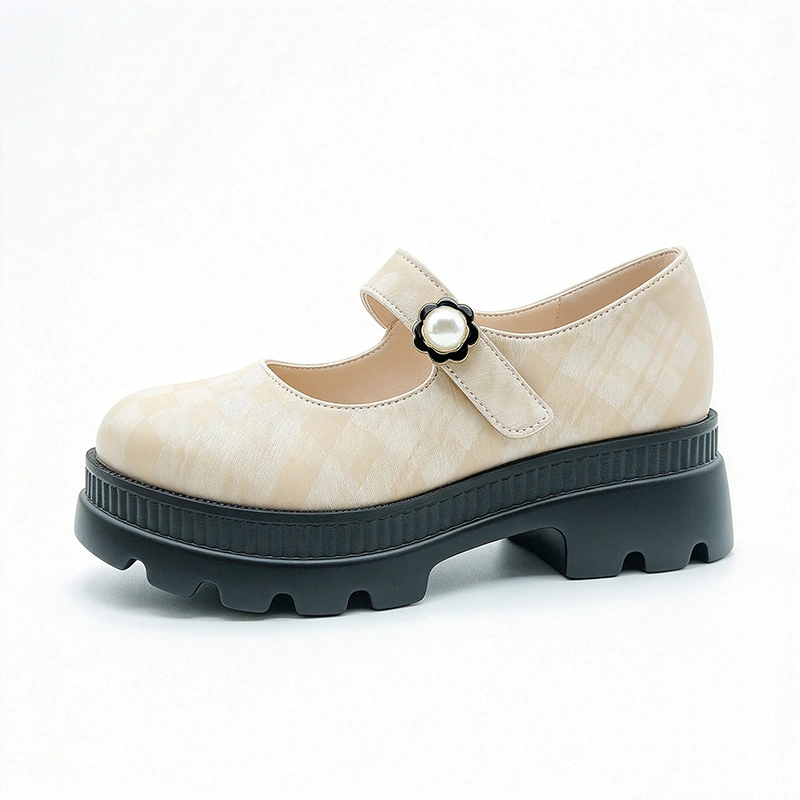 Plaid Pearl Platform Mary Jane Shoes for Girls, Comfort Chunky Sole Kids Casual Footwear