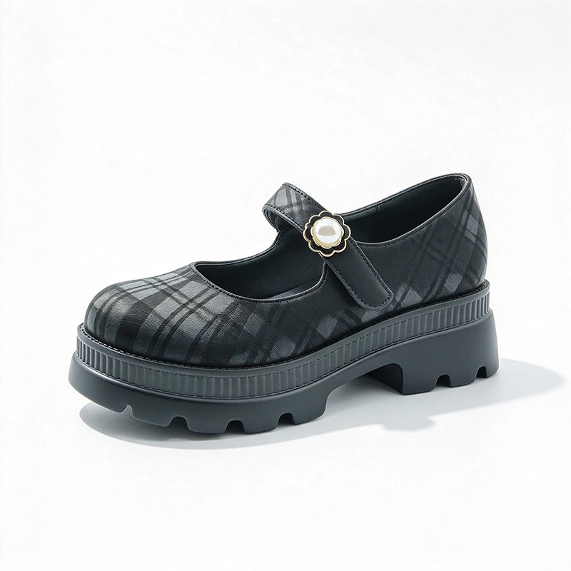 Plaid Pearl Platform Mary Jane Shoes for Girls, Comfort Chunky Sole Kids Casual Footwear