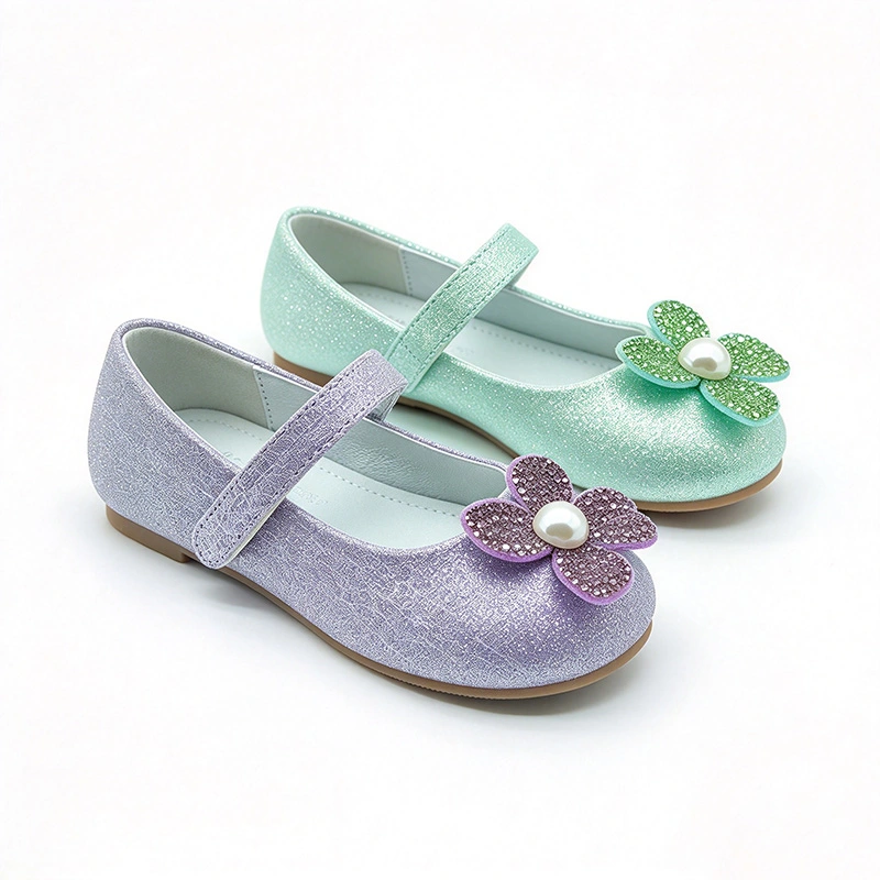 Sparkly Glitter Flower Pearl Flat Shoes for Girls, Soft Sole Premium Kids Casual Dress Footwear