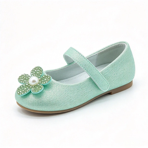Sparkly Glitter Flower Pearl Flat Shoes for Girls, Soft Sole Premium Kids Casual Dress Footwear