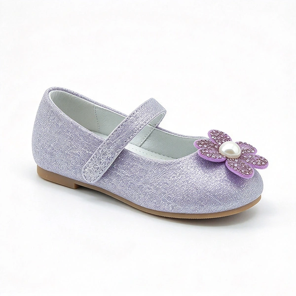 Sparkly Glitter Flower Pearl Flat Shoes for Girls, Soft Sole Premium Kids Casual Dress Footwear