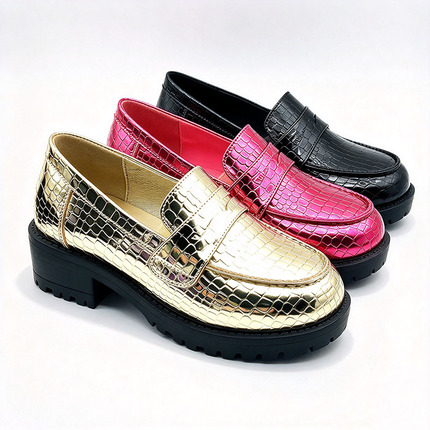 Metallic Croc Texture Chunky Loafer Kids Casual Shoes