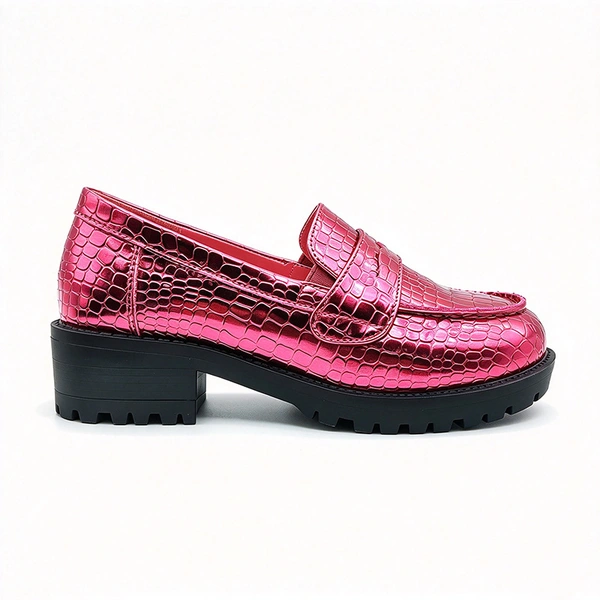 Shiny Metallic Croc Pattern Kids Loafers, Chunky Block Sole Girls Casual Dress Shoes