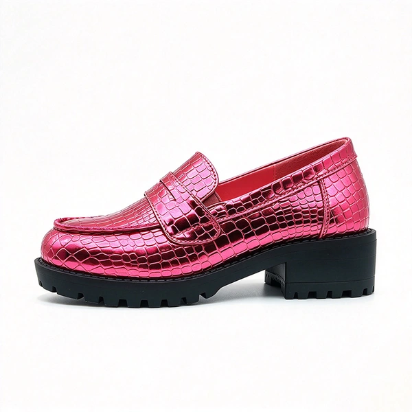 Shiny Metallic Croc Pattern Kids Loafers, Chunky Block Sole Girls Casual Dress Shoes