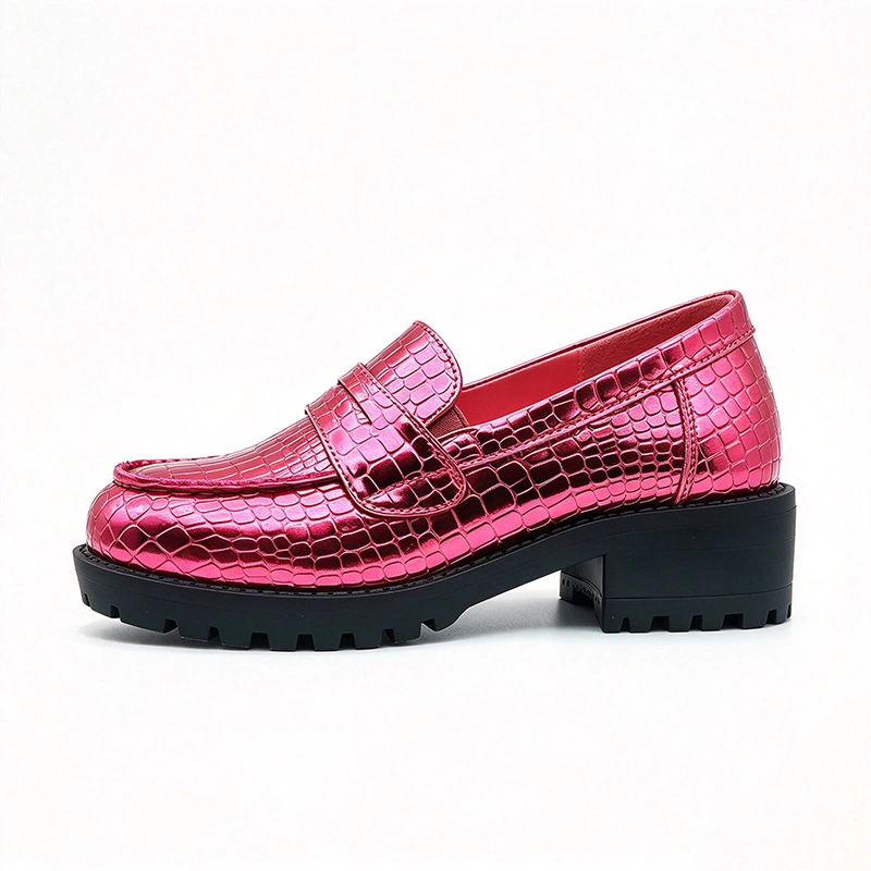 Shiny Metallic Croc Pattern Kids Loafers, Chunky Block Sole Girls Casual Dress Shoes