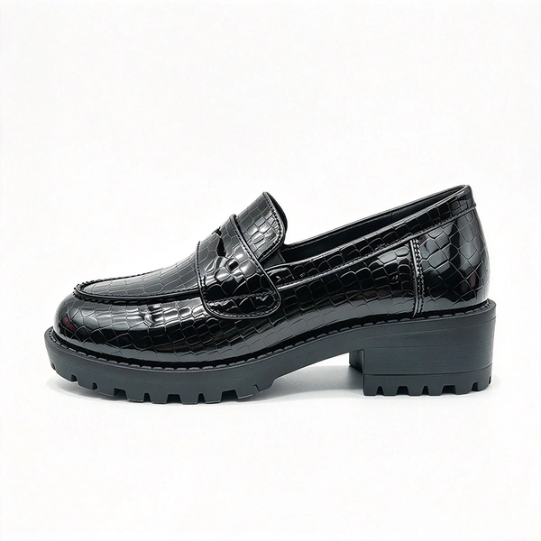 Shiny Metallic Croc Pattern Kids Loafers, Chunky Block Sole Girls Casual Dress Shoes