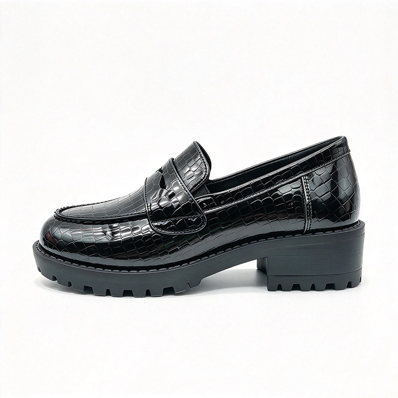 Shiny Metallic Croc Pattern Kids Loafers, Chunky Block Sole Girls Casual Dress Shoes