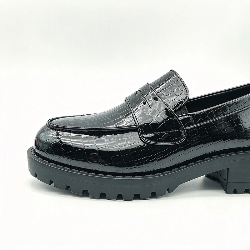 Shiny Metallic Croc Pattern Kids Loafers, Chunky Block Sole Girls Casual Dress Shoes