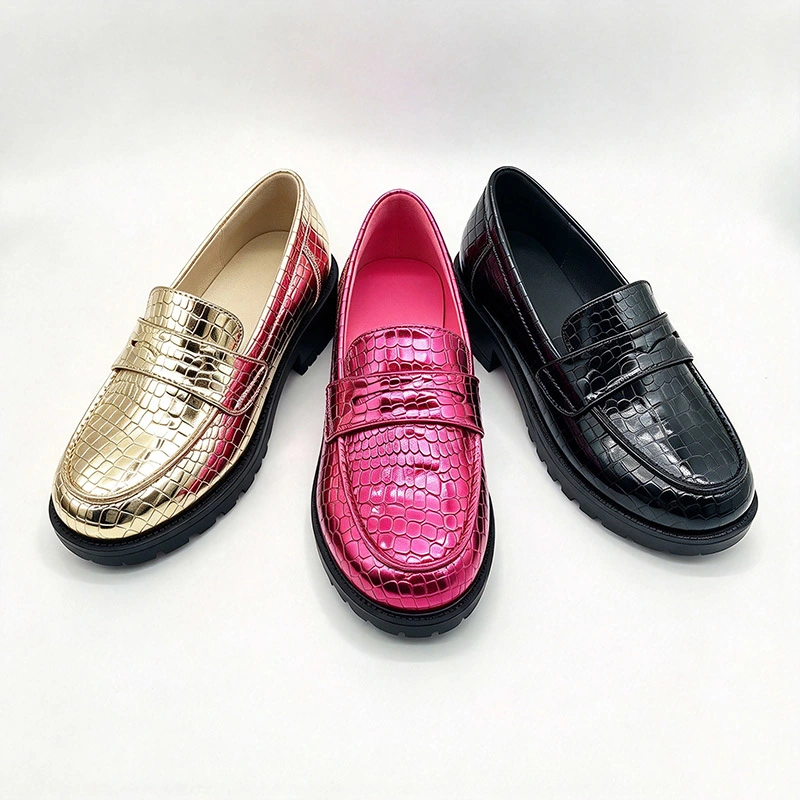 Shiny Metallic Croc Pattern Kids Loafers, Chunky Block Sole Girls Casual Dress Shoes