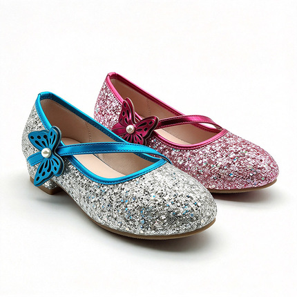 Sequin Butterfly Pearl Low Heel Mary Jane Kids Casual Shoes