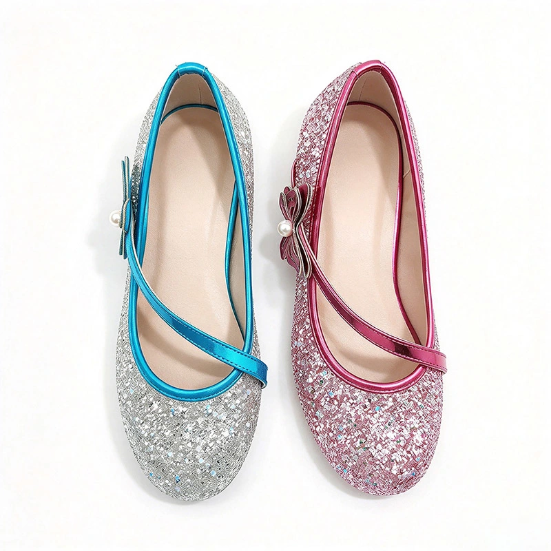 Glitter Sequin Butterfly Low Heel Mary Jane Shoes for Girls, Premium Kids Casual Dress Footwear