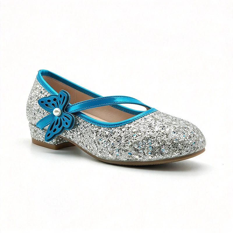 Glitter Sequin Butterfly Low Heel Mary Jane Shoes for Girls, Premium Kids Casual Dress Footwear