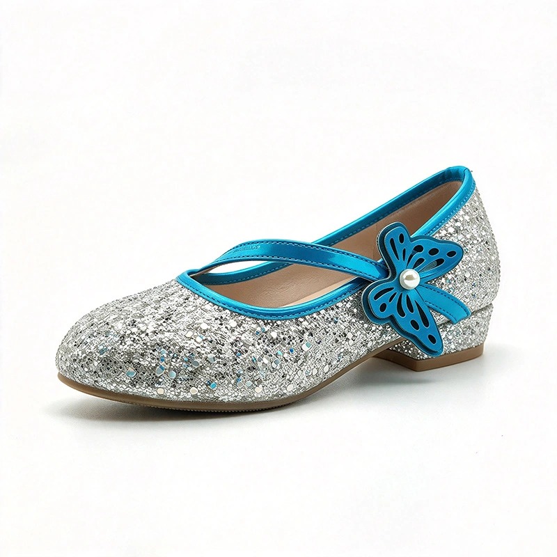 Glitter Sequin Butterfly Low Heel Mary Jane Shoes for Girls, Premium Kids Casual Dress Footwear