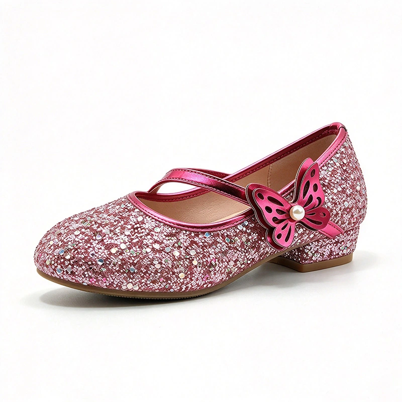 Glitter Sequin Butterfly Low Heel Mary Jane Shoes for Girls, Premium Kids Casual Dress Footwear