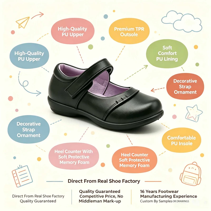 Reinforced Toe Cap Black Kids School Shoes