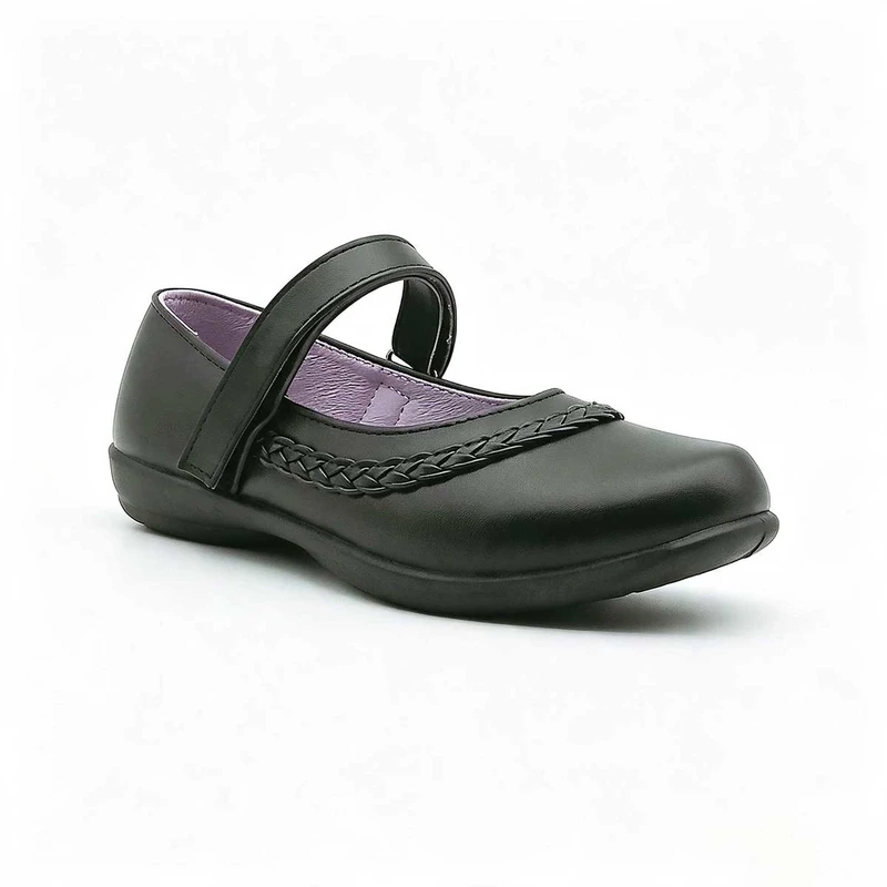 Velcro Strap Black Kids School Shoes For Young Children