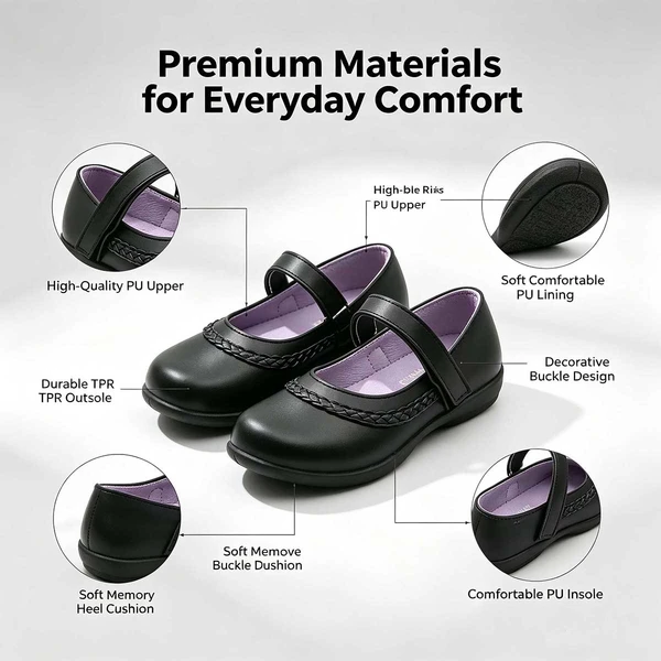 Velcro Strap Black Kids School Shoes For Young Children