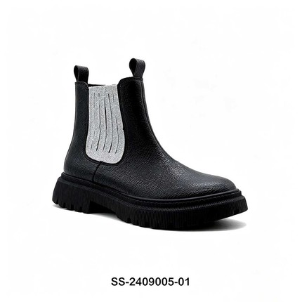 Black Glitter Panel Kids Chelsea Boots With Thick Lug Sole