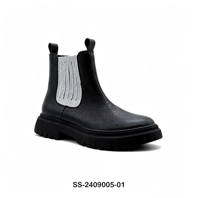 Black Glitter Panel Kids Chelsea Boots | Wholesale Girls Chunky Platform Ankle Boots