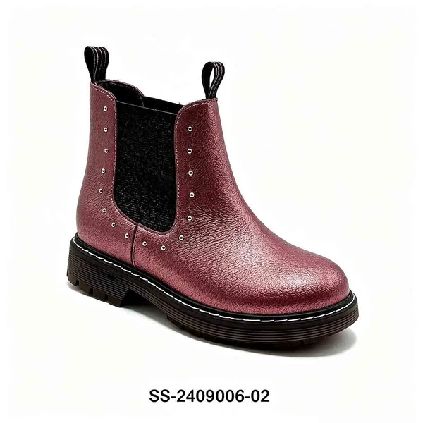Metallic Burgundy Rivet Kids Chelsea Boots | Wholesale Girls Shiny Ankle Boots