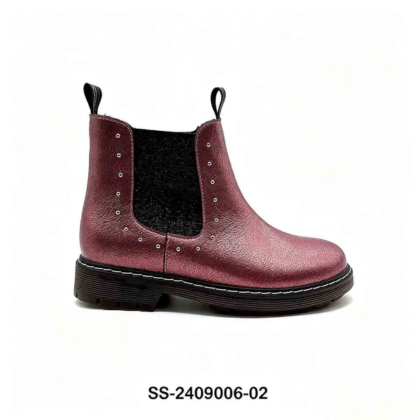 Metallic Burgundy Rivet Kids Chelsea Boots | Wholesale Girls Shiny Ankle Boots
