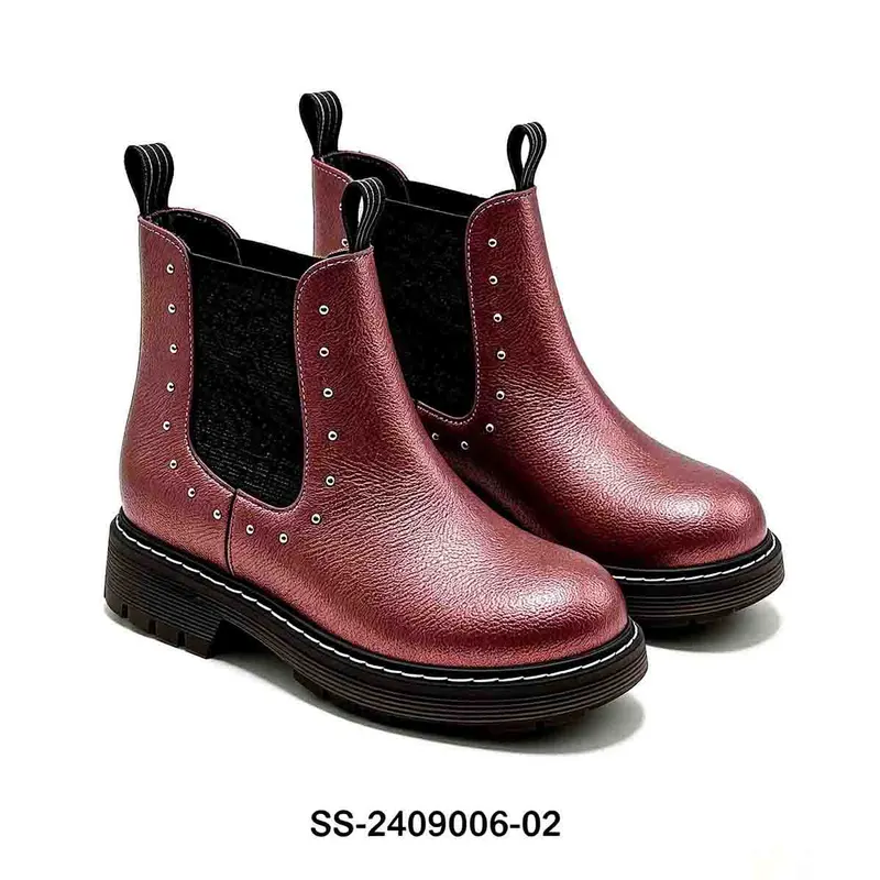 Metallic Burgundy Rivet Kids Chelsea Boots | Wholesale Girls Shiny Ankle Boots